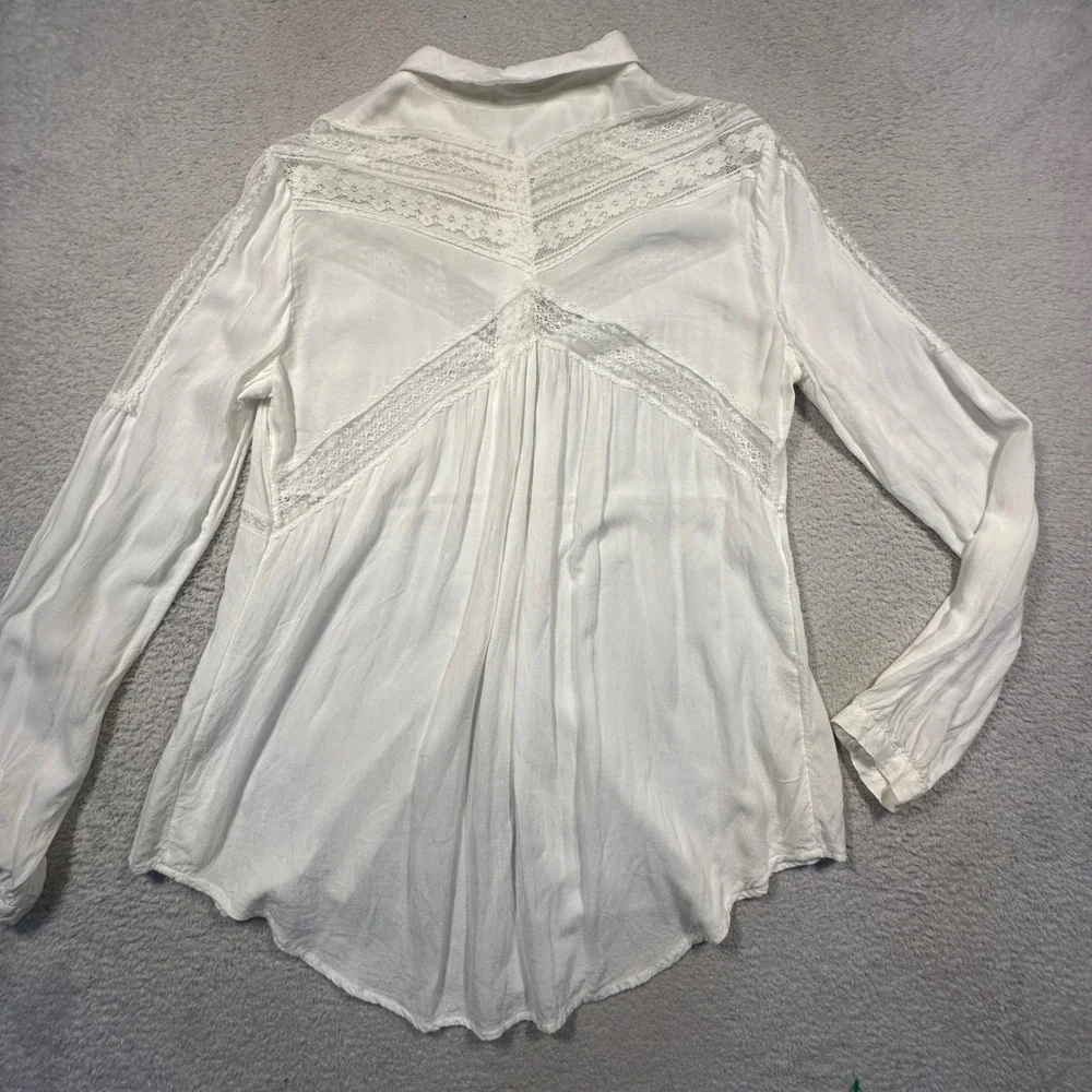 Free People Wild Wind Lace Inset Button Down Tunic Blouse Womens‎ M Ivory Boho
